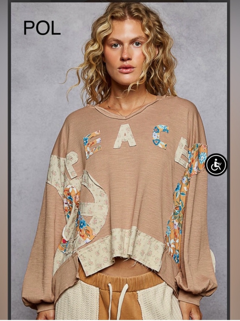 60. NWT POL pizazz Tan Peace Graphic Oversized Hoodie w/cool PEACE Patchwork!